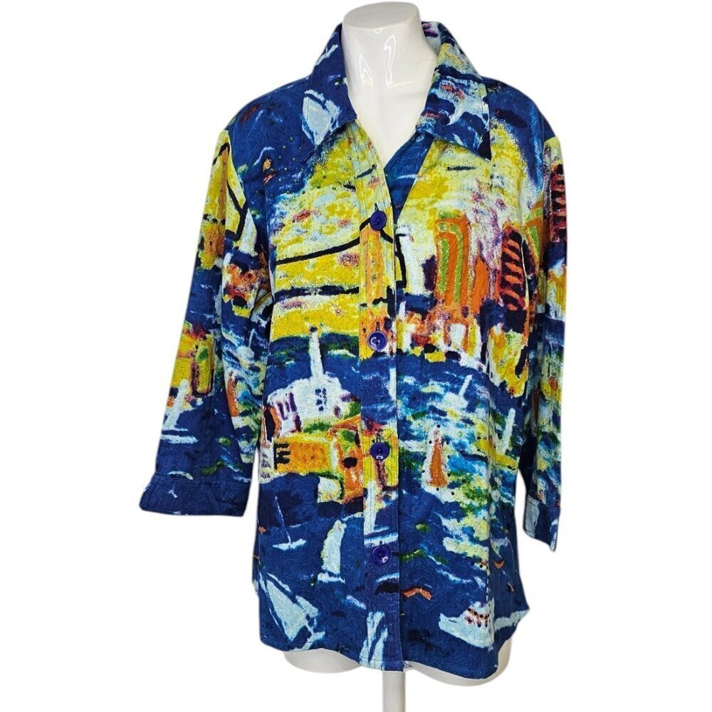Michael Leu Womens Art To Wear, Bridge, Water, Cotton, Button Front, Gems, Sz XL